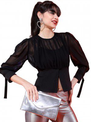 Tokyo Talkies Women's Sheer Cinched Waist Top