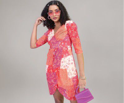 Tokyo Talkies Women's Short Sleeves Sweet Heart Neck Printed Dresses