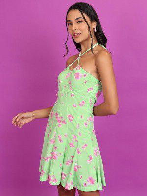 Tokyo Talkies Women's Sleeveless Halter Neck Printed Dresses | Stylish Dresses | Casual Dresses