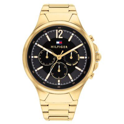 [Extra Rs.1580 OFF] Tommy Hilfiger Sienna Quartz Multifunction Black Dial Gold Stainless Steel Strap Watch for Women