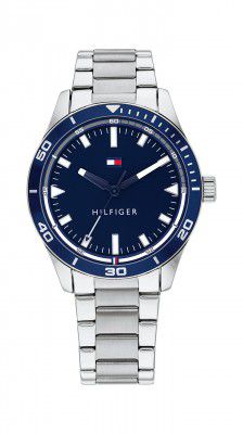 Tommy Hilfiger Stainless Steel Macy's Essentials Analog Blue Dial Silver Strap Watch For Men -Th1791817W