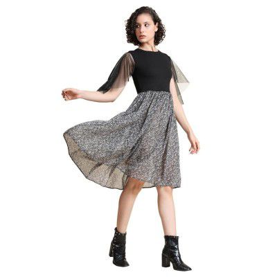 Toochki Women's Black Georgette/Lycra Textured Print Fit & Flared Western Dress