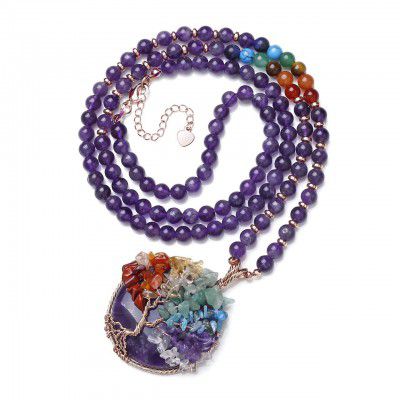Top Plaza 7 Chakra Healing Crystal Natural Round Gemstone Pendant Necklace Tree of Life Copper Wire Wrapped Beads Necklaces Reiki Jewelry for Women