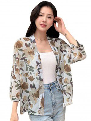TOPLOT Women's Front Open Floral Printed Shrug Top Regular Fit