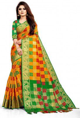 Toriox Woven, Floral Print, Embellished Fashion Poly Silk, Lycra Blend Saree (Orange)