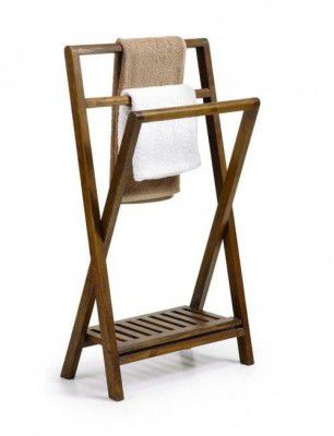 Towel Holder - Wooden Rack Rail Blanket, Sheesham Wood Towel, Clothes, 3 Tier Dark Brown (02) L18 W12 H48
