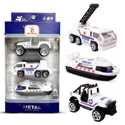 Toy Cloud Free Wheel Die-Cast Metal Ambulance Vehicle | Set of 3