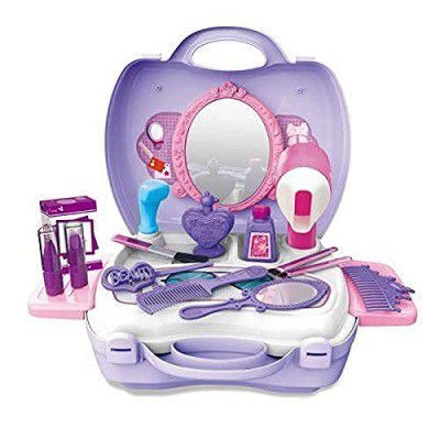 Toy Khelo Kids Makeup Kit for Girls Baby Vanity Case Mirror Cosmetic Toy Set Pretend Beauty Dress-up Salon Hair Dryer Suitcase (19 pcs _Purple)