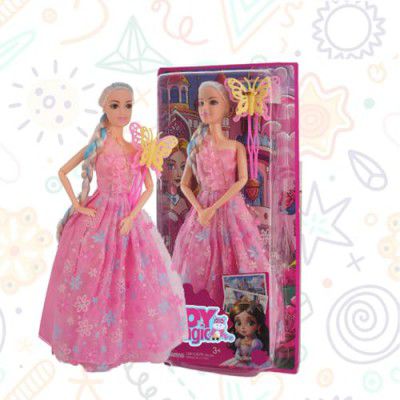 ToyMagic Dolls Princess Suit | Gorgeous Pink Gown, Multicolor Braided Hair & Butterfly Clip