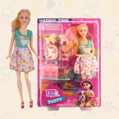 ToyMagic Happy Time Doll Green | 6-Inch Fully Movable Doll with Cute Puppy & Pet Care Accessories | Fun Roleplay Toy for Kids Age 3+
