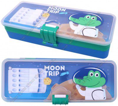 Toyshine 3 Compartment Pencil Box for Kids with Pencil Holder, Pencil Pen Case - Moon Trip Crocodile