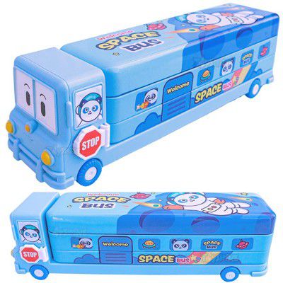 Toyshine Cartoon Printed School Bus Matal Pencil Box with Moving Tyres and Sharpner for Kids - Blue