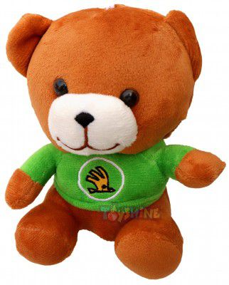 Toyshine Soft Toy for Kids Boy Girl Baby | Soft Feather Cotton Fabric, Teddy Bear, Brown, Green Shirt, 16 Cms