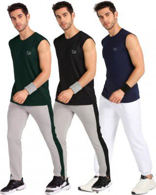 TQH Pack of 3 Men Solid Round Neck Polyester Green, Black, Navy Blue T-Shirt