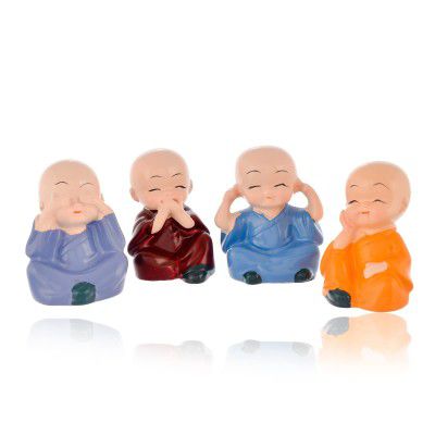 TR7 Monks Set 4 Small Size Cute Baby Monk Buddha Idols Statues Showpiece for Car Dashboard Home Décor Decoration & Gifting Purpose - Multicolor