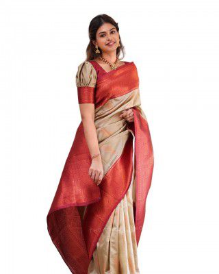 Traditional designer banarasi Art silk kanjivaram jacquard border saree with blouse piece(cream)