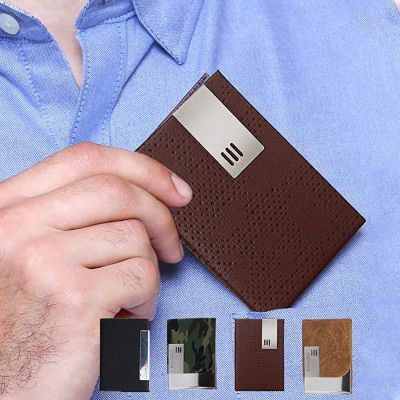 Trajectory Brown Handcrafted Leather and Stainless Steel Design Visiting,Debit and Credit Card Holder(6 Months Warranty)