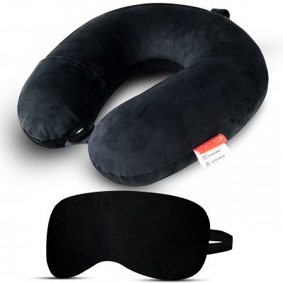 Trajectory Supercomfy Black Neck Pillow Rest Cushion with Velvet Eyemask for Travel in Flight car Train Airplane with 2 Years Warranty for Sleeping for Men and Women