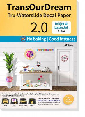 TransOurDream Clear WaterSlide Decal Paper for Inkjet & Laserjet Printer (20 Sheets, A4) Upgraded Water Slide Transfer Paper Transparent Printable Waterslide Paper for Tumblers, Mugs, Glasses