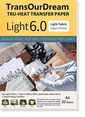 TransOurDream Light 6.0 - Iron on Heat Transfer Paper for Light Fabric (20 Sheets, A4) Iron-on Transfers Paper for White T-Shirts Printable Heat Transfer Vinyl for Inkjet Printer