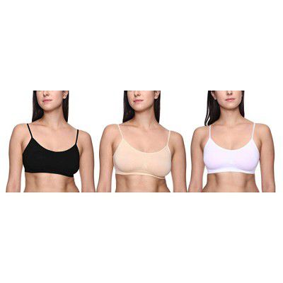 TRASA Womens and Girls Nylon and Spandex Non-Padded and Non-Wired Thin Strip Sports Bra, Air Bra, Free Size (Size 28 to 36) -Black, White and Beige