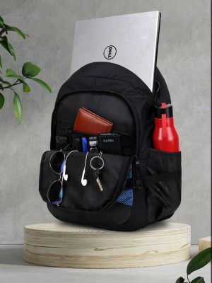 TRAVEL POINT Black & Blue Typography Backpack with Compression Straps