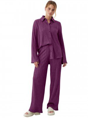 TRENDMALLS Women's Cotton Blend Long Sleeves Shirt with Trouser Co Ords Set for Women