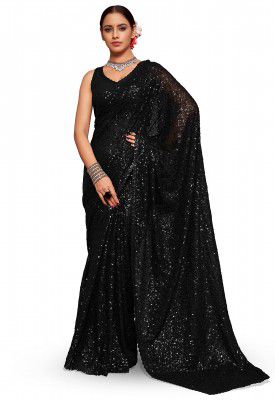 TRENDMALLS Women's Georgette Heavy Sequins Work Heavy Saree with Blouse (Latest-Sequins-Party-Saree)