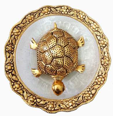 Trendy Crafts Metal Feng Shui Tortoise On Plate Showpiece (Golden, Diameter:5.5 Inch)