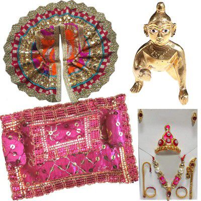 Trendy Treasures™ Assorted Laddu Gopal Brass Idol, Assan, Dress, Shringar Set (MUKUT+BANSURI+CHADI+KUNDAL+KADE) Combo for Festivals (Standard)