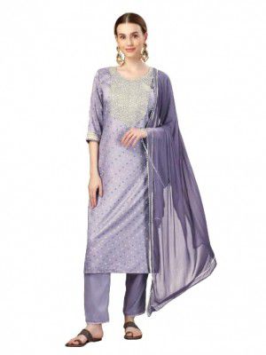trenzynx Women's Embroidery silk Blend Regular Fit 3/4 Sleeve Lightweight Casual Wear Kurti with Pant & Dupatta