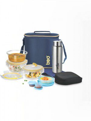 Treo 8 Pieces Blue All Fresh Borosilicate Glass Round Carry Jacket Lunch Box - 400 ml