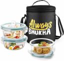 TREO All Fresh Tiffin With Insulated Jacket 3 X 400ml Container, (Always Bhukha) 3 Containers Glass Office Lunch Box (400 ml)...