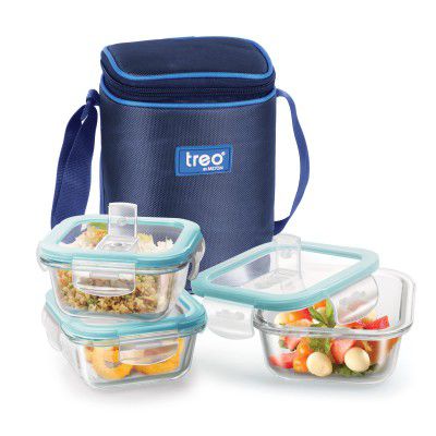 Treo by Milton All Fresh Square Glass Lunch Box Set of 3, Clear, 320ml Each