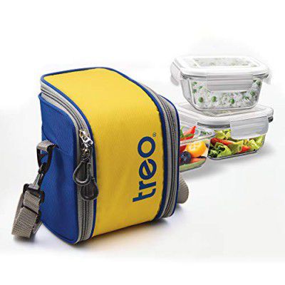 Treo by Milton Cube Glass Tiffin, 300 ml, Set of 3, Yellow/Blue