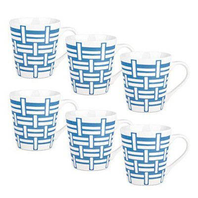 Treo by Milton Earthen Art Ceramic Mug, Set of 6, 210 ml, Blue Lines