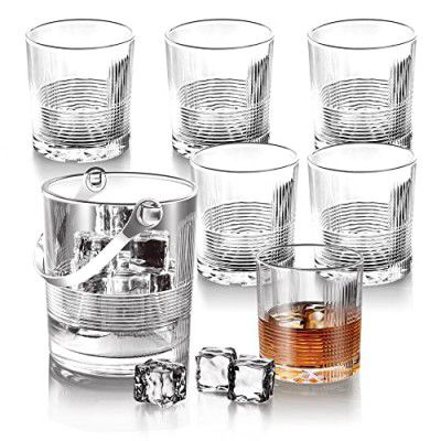 Treo by Milton Ecstasy On The Rocks Set of 7 Pieces (1 - Ice Pail; 6 - Tumbler, 330 ml Each), Glass, Transparent | Glass Ice Bucket | Wine | Home | Restaurants | Easy to Clean