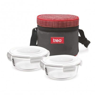 Treo By Milton Health First Round Glass Tiffin Box with Cover, 380 ml, Set of 2, Grey Maroon
