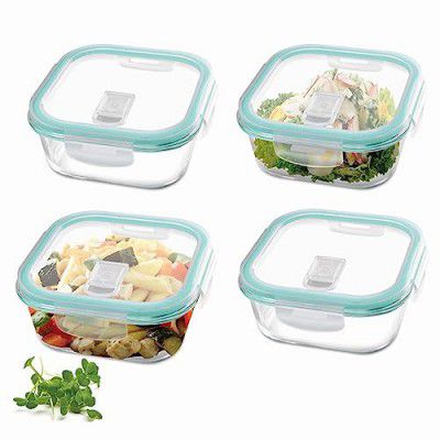 Treo By Milton Hi Borosilicate Clip Fresh Square Glass Container, Set of 4, 320 ml Each, Transparent 