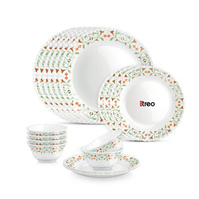 Treo by Milton Opalware Aurelia Meena Dinner Set of 18 | Serving for 6 | Microwave & Dishwasher Safe | Plates & Bowls | Crockery Set for Dining & Gifting