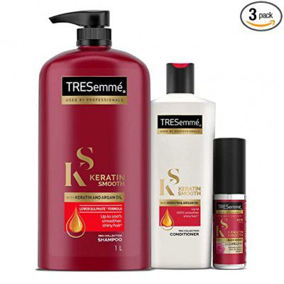 TRESemme Keratin Smooth Shampoo 1L + Conditioner 335ml + Hair Serum 60ml | with Keratin, Argan and Camellia Oil