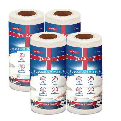 Tri-Activ Washable & Reusable Kitchen Towel Roll | 80 Pulls per Roll, 320 Sheets Pack of 4