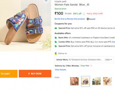 tripple patti Women Flats Sandal (Blue, 10)