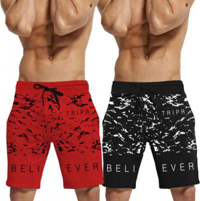 TRIPR Pack of 2 Printed Men Red, Black Regular Shorts