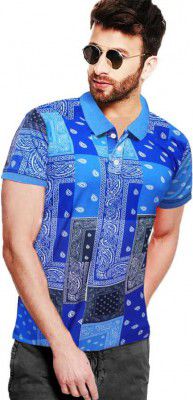 TRIPR Printed Men Polo Neck Blue T-Shirt