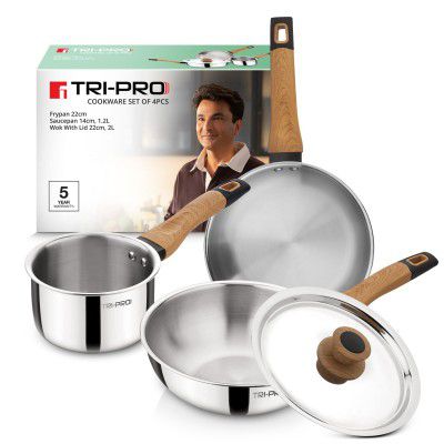 Tripro Triply 4 Pcs Cookware Set - Frypan 22cm, Saucepan 14cm (1.2L), Wok with Stainless Steel Lid 22cm (2L), Sturdy Wooden Handle, Less Oil, Healthy Cooking 