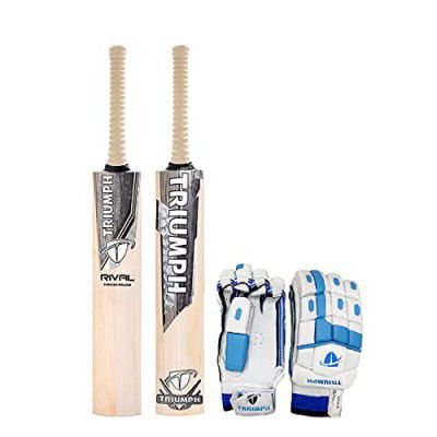 Triumph Rival English Willow Cricket Bat Mens and Triumph Tyro Batting Gloves L/H
