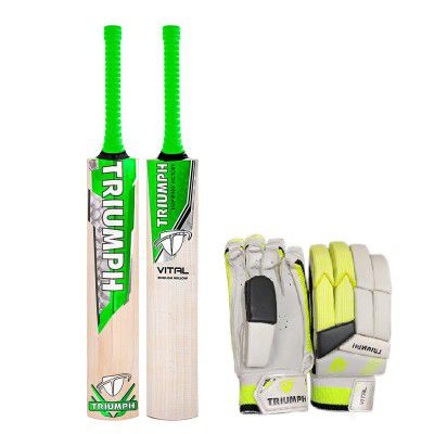 Triumph Vital English Willow Cricket Bat Mens and Vital Batting Gloves L/H