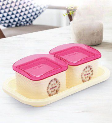 Trueware By Daffodil 500 ml Cream Pink Plastic ( Set of 2 ) Airtight Storage Container with Tray,