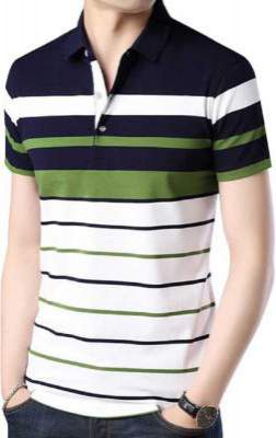 Try This Striped Men Polo Neck Multicolor T-Shirt